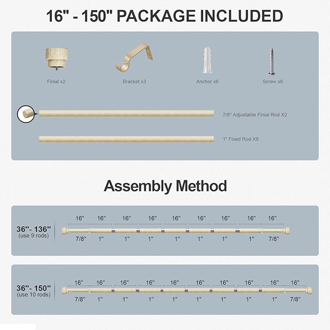 White Oak Wood Grain Curtain Rods for Windows 72 to 144 Inches 1" Diameter Boho Decorative Heavy Duty Window Curtain Rod Adjustable with Solid Finials for Living Room Bedroom Kitchen Farmhouse Outdoor
