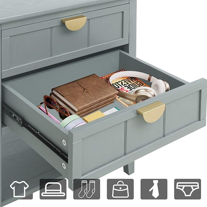 PElHONGET Nightstand with 2 Drawers, End Table Mid Century Modern Side Table with Shelf Storage, Bed Night Stand with Metal Handles Wood Accent Table for Bedroom, Living Room(Olive Green)