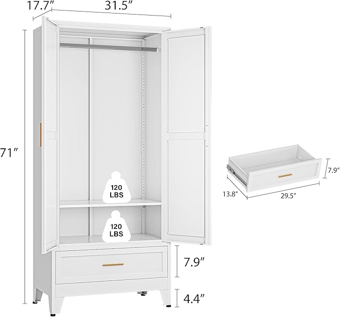 Metal Wardrobe Closet Cabinet with Drawers,71" H Large Bedroom Armoires with Shelves and Hanging Rod,Wardrobe Storage Cabinet with 2 Doors, 1 Adjustable Shelf and Drawers (1Drawer, White)