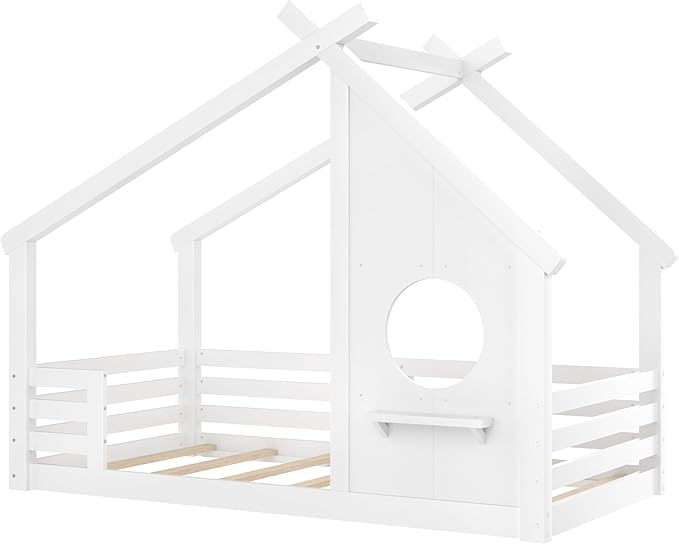 Polibi Twin Size House Floor Bed with Window and a Small Shelf, Solid Wood Low Profile Floor Bed for Kids, No Box Spring Needed, White