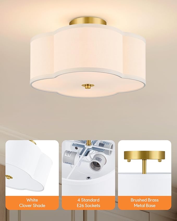 VONLUCE Semi Flush Mount Ceiling Light, 12.8" Ceiling Light Fixture with Four Leaf Clover-Shaped, 4-Light Modern Light Fixture for Bedroom Living Room Nursery Hallway, White Shade & Gold Finish