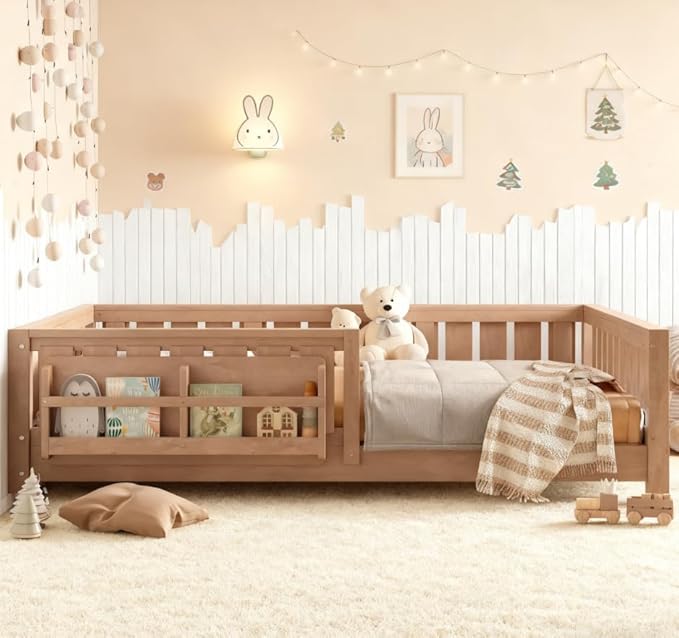 Bellemave Full Size Floor Bed with high Rails and with Built-in Bookshelf for Kids, Girls, Boys, Wood Montessori Floor Bed Without Door, Natural