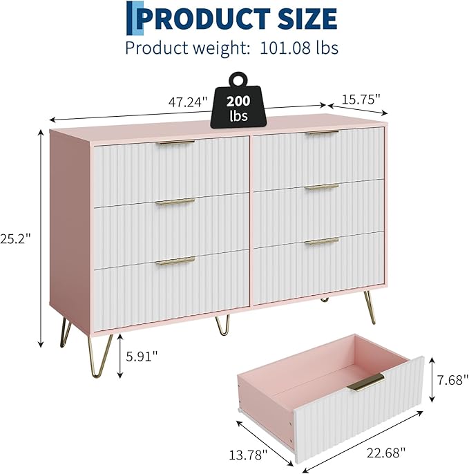 Garvee Fluted Dresser for Bedroom with 6 Drawers,47" Wide Modern Chest of Wooden Bedroom Chest with Metal Handle,Clothes Storage Organizer,Closet Dresser & TV Stand for Living Room,Hallway,6&Pink