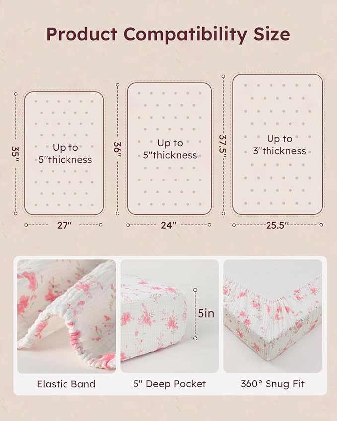 Yoofoss Muslin Pack and Play Sheets Fitted, Organic Mini Crib Sheets for Boys Girls, Playard Sheet Compatible with Pack N Play Mattress, Soft, Breathable and Durable 38"x26"