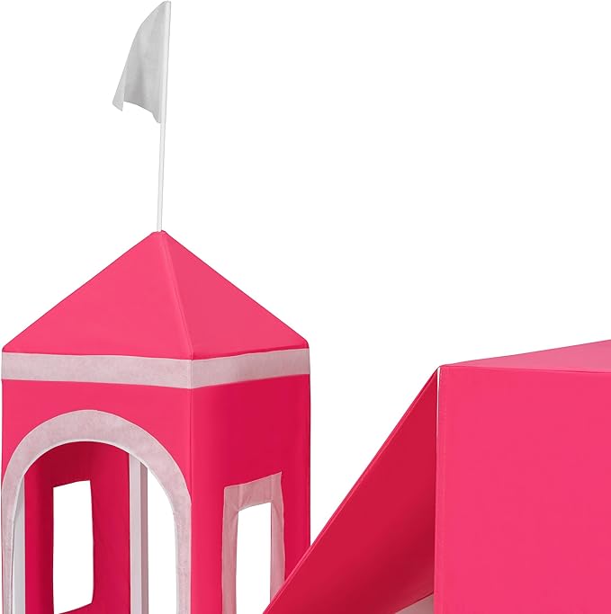 Polibi Full Size Castle Loft Bed with Slide & Pink Tent and Tower, Playhouse Design Spacious Under Bed Space with Curtains, Wood Tent Bed Frame for Kids Boys Girls(Pink,Full)