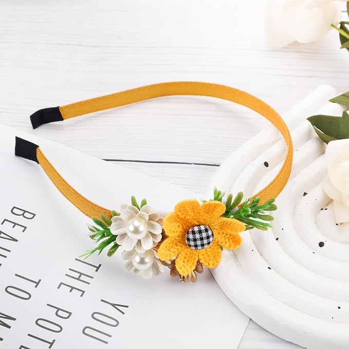 Flower Headbands for Girls Kids Toddlers Sunflower Floral Headpiece Non Slip Elegant Wedding Flower Crown Hairband Spring Summer Fashion Cloth Headdress Accessories for Birthday Party (Orange)