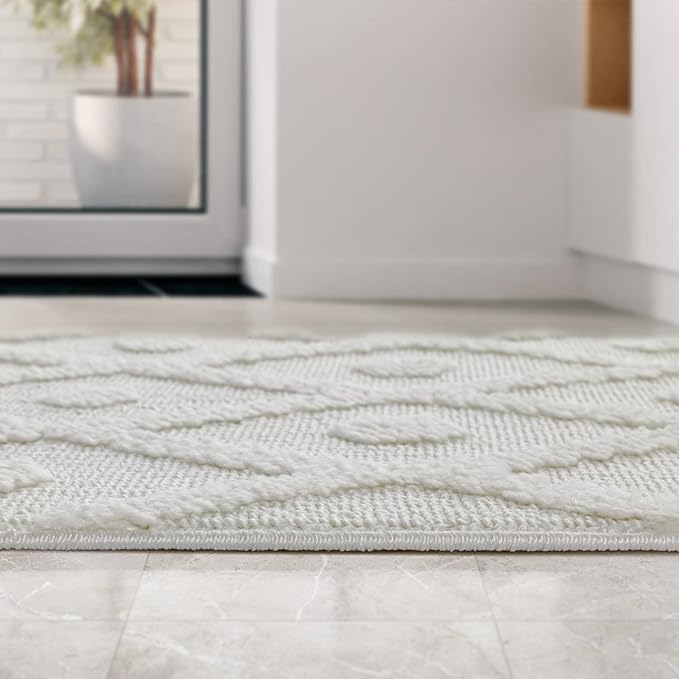 Antep Rugs Palafito 2x5 Geometric Shag Diamond High-Low Pile Textured Indoor Area Rug (White, 2' x 5')