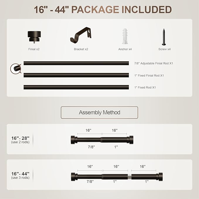 Modern Brown Curtain Rods for Windows 28 to 48 Inches Adjustable Length Heavy Duty 1" Diameter Window Curtain Rod with Decorative Finials for Outdoor Farmhouse Bedroom Kitchen Living Room