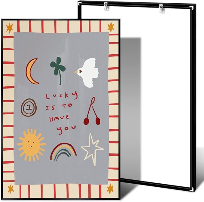 Colorful Cute Cartoon Posters Lucky Is To Have You Inspirational Wall Art Boho Nursery Positive Affirmations Canvas Minimalist Print Decor Picture for Kids Bedroom Playroom 20x30inch Metal Black Frame