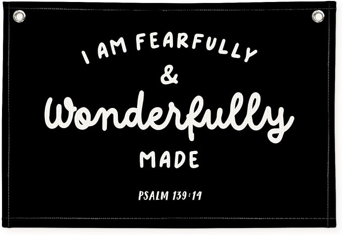 Kids Room Decor - Bible Verse Wall Hanging, 'I am Fearfully and Wonderfully Made' Linen Banner, Canvas Decoration for Classroom, Nursery - Black