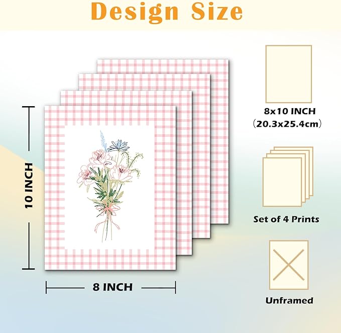 JINYO Pink and White Checkered Floral Wall Art Prints Set of 4, Floral Room Decor, Coquette Bow Pink Plaid Abstract Flower Posters Pictures Wall Decor for Girls Bedroom Dorm, 8x10 Unframed