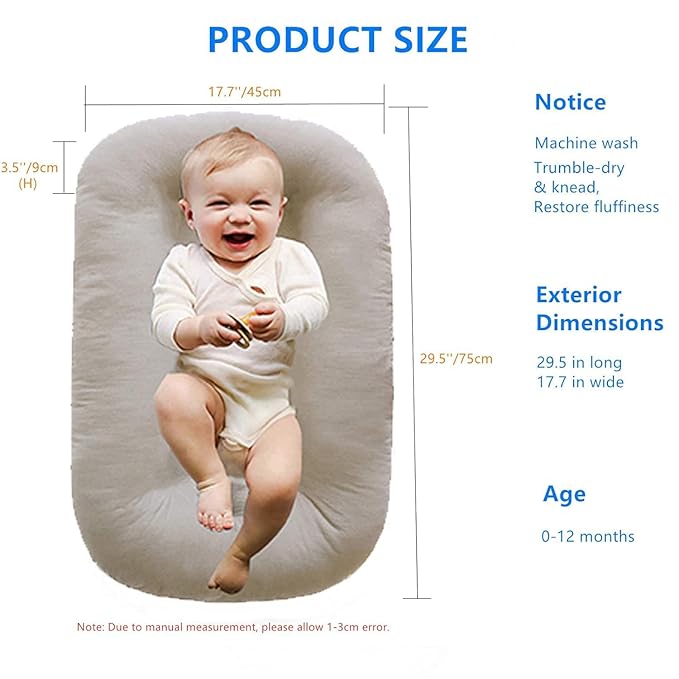 Baby Lounger 0-24 Months 100% Cotton-Snuggle Cozy Me Lounger,Soft & Breathable Tummy Time Mat for Newborn Infant Play Mat,Babies Essentials Gifts,Apricot(Lounger Cover Included)