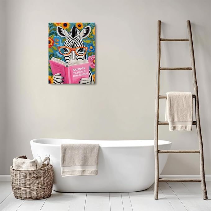 Whimsical Zebra Reading Book Art Print Literary Animal Book Lovers Gifts Wall Decor Canvas Wall Art Framed Artwork for Home Living Room Kitchen Office Decorations Paintings Pictures 11.5X14.5 Inch