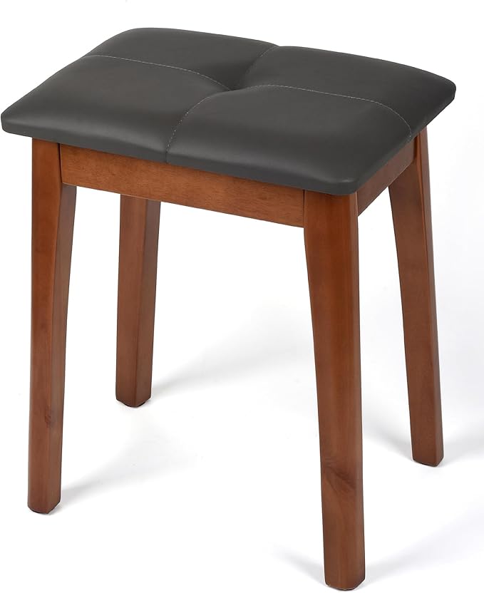 Solid Wood Vanity Stool, 18" H - Wooden Ottoman Chair Small Bench Seat for Bedroom/Living Room/Office/Makeup Vanity/Closet/Desk - Dark Grey