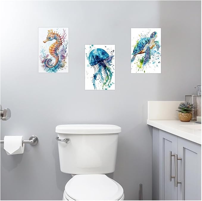DOARTDO Ocean Animals Wall Art 3 Pieces Sea Animals Canvas Prints Watercolor Seahorse Jellyfish Sea Turtle Pictures Kids Nursery Bathroom Home Decor Framed (24"x36"x3 Pieces)