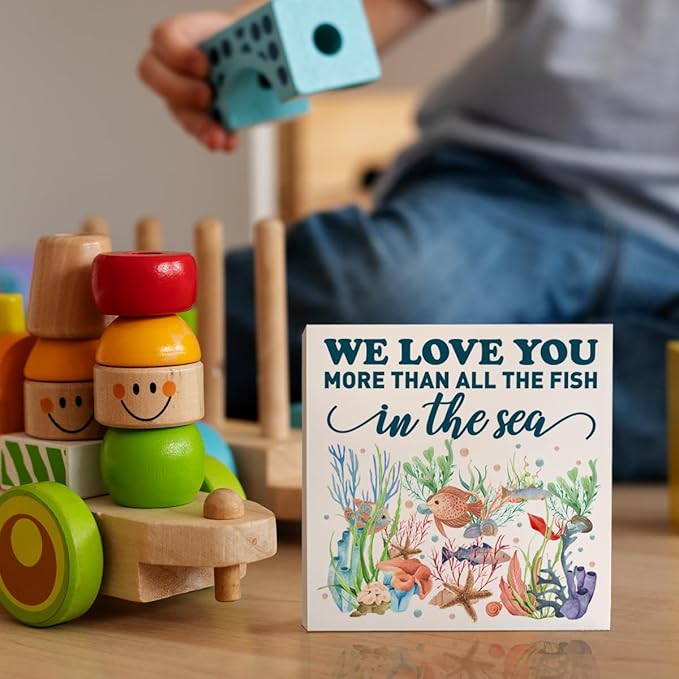 Nursery Desk Decor Wooden Sign, Nursery Decoration for Playroom Toy Room Kid's Bedroom, Nursery Gift for Baby Boy Girl Newborn Kids, We Love You More Than All The Fish in The Sea
