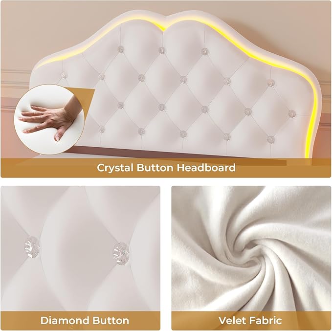 ADORNEVE Twin Bed Frame with RGB LED Lights, Princess Bed Frame with Adjustable Crystal Button Headboard, Velvet Upholstered Platform Bed for Girls, Solid Wooden Slats, Easy Assembly, Creamy White