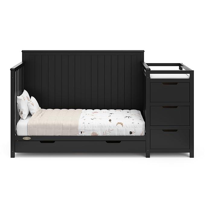 Graco Hadley 5-in-1 Convertible Crib & Changer (Black) – GREENGUARD Gold Certified, Fits Standard Crib Mattress, Converts to Toddler Bed and Full Bed, 4 Adjustable Mattress Heights