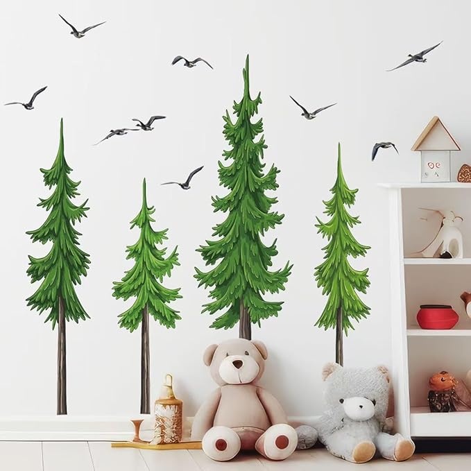 Watercolor Pine Tree Wall Stickers Christmas Woodland Wall Decals Large Peel and Stick Forest Wall Sticker Woodland Branch Birds Wall Decor for Nursery Bedroom Living Room