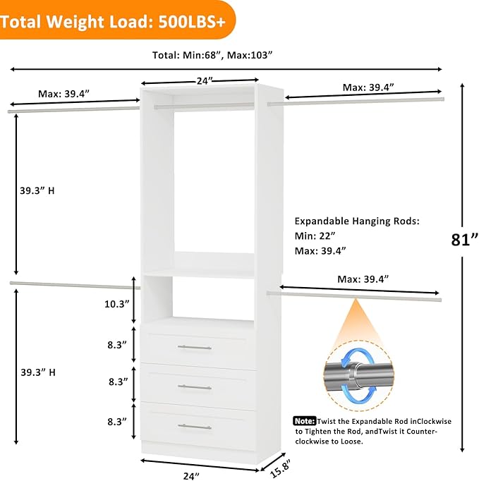 4–8FT Closet System with 3 Wood Drawers, Closet Organizer System with 5 Stainless Steel Rods, Modular Walk-in Closet System with Shelves, Wall Mounted Built-in Closet Organization System