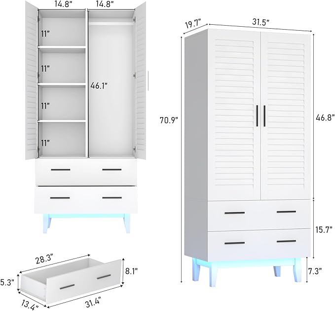 2 Door Armoire Wardrobe Closet Cabinet with Mirror, Drawers and LED Lights, Multi-Tier Shelves, Hanging Rod & 2 Louver Doors, Large Capacity Storage Wardrobe Armoire for Bedroom, White