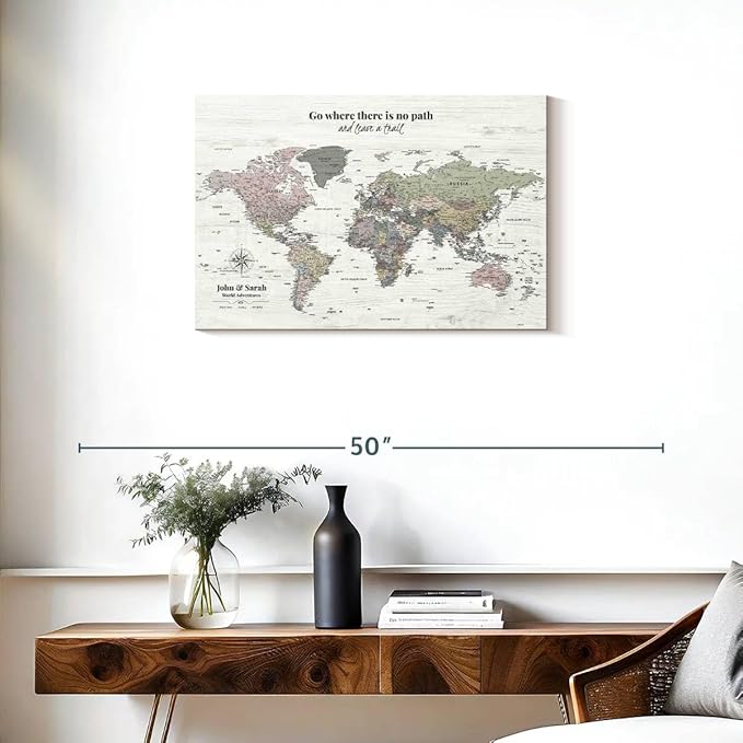ElephantStock - Personalized Leave A Trail Iii Push Pin World Map Wall Art - Horizontal Canvas Wall Art - Living Room Wall Decor - Digital Art Map Canvas Art - White And Gray Decor - 30" x 20"