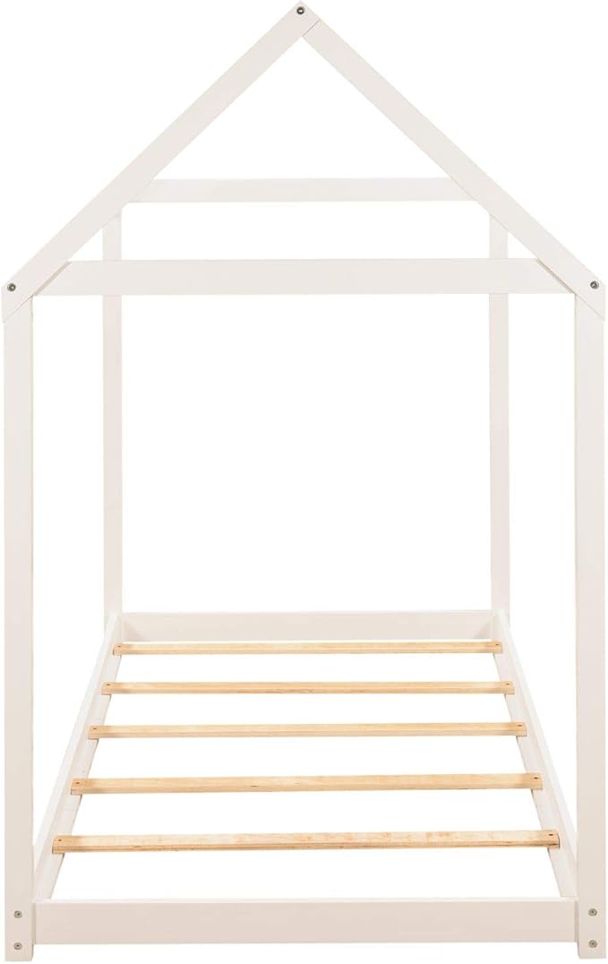 Bellemave Twin Size House Bed, Wood House Platform Bed with Roof and Slats, House Daybed Frame for Kids, Boys, Girls, No Spring Box Needed, White