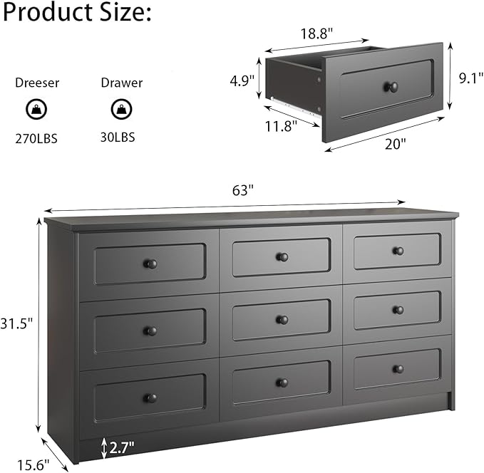 63'' W Long Modern Dresser 9 Drawers with Handles, Black Dresser & Chest of Drawers with Large Capacity Storage, Freestanding Storage Dressers for Bedroom, Living Room, Hallway (Black)
