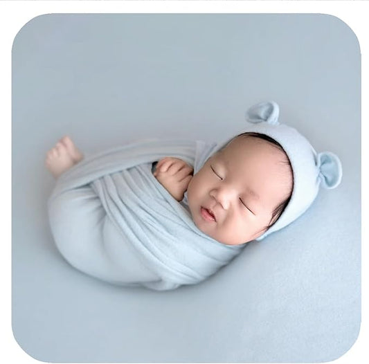 3Pcs Newborn Photography Props Baby Photoshoots Photo Posing Wraps Backdrops with Headband Stretch (Wrap + Backdrop + Headband, Light Blue)