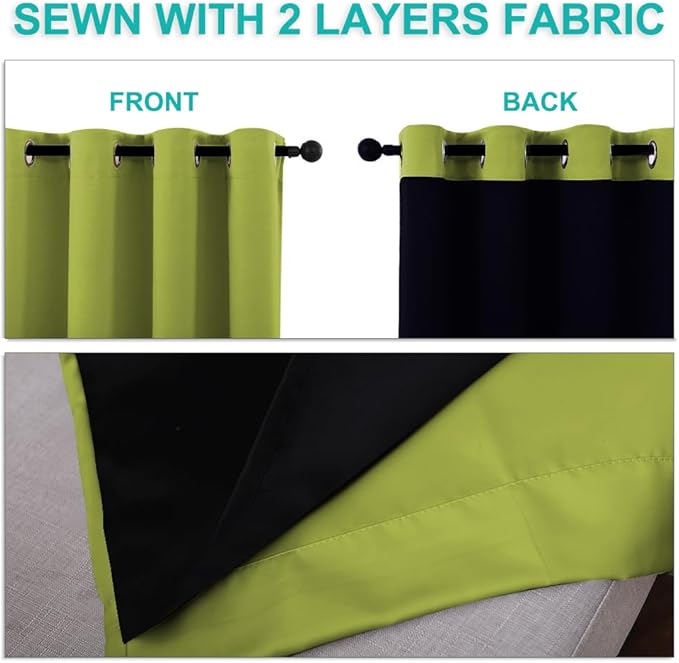 NICETOWN 100% Blackout Curtains 54 inches Long, Fresh Green, 1 Pair, 52 inches Width Each Panel, Double-Deck Completely Blackout Window Treatment Thermal Insulated Lined Drapes for Small Window