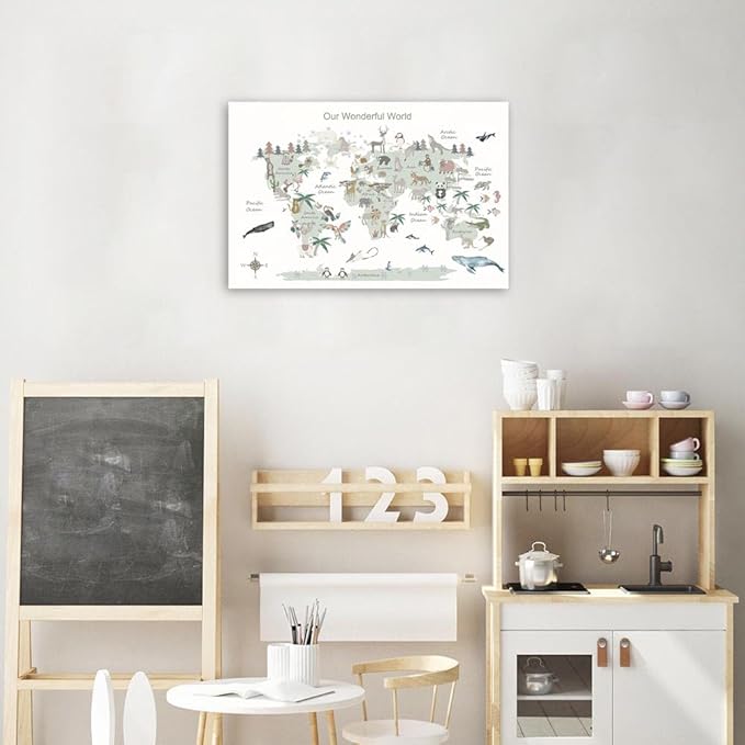 Educational Posters for Toddlers 1-3, Toddler Learning Poster for Kids Ages 3-5, World Map Canvas Print Nursery Preschool Homeschool Kindergarten Classroom Decor 16x24 Inch Unframed C
