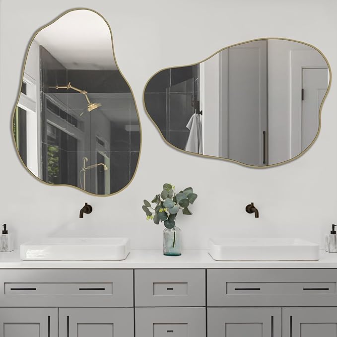POZINO Gold Irregular Mirror, 30"x20.5" Cloud Shaped Mirrors, Unique Asymmetrical Wall Mirror, Modern Frameless Wall Mirrors for Living Room Bathroom Bedroom Entryway