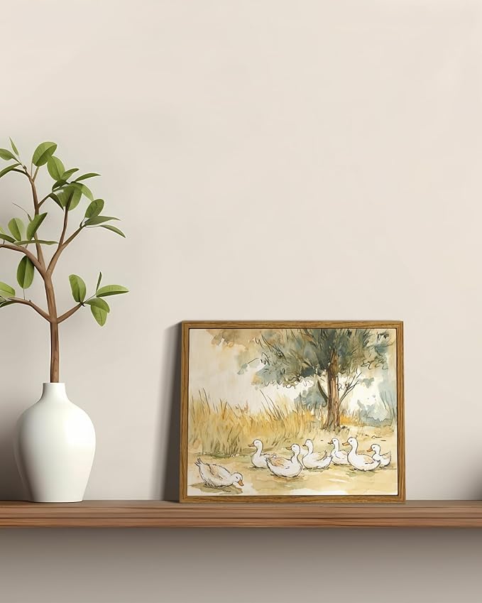 ARPEOTCY Vintage Framed Canvas Wall Art, 8x10inch, Farmhouse Nursery Duck Wall Decor, Rustic Art Prints Home Decor, Cute Duck Illustration Paintings for Living Room Bedroom Office Decoration