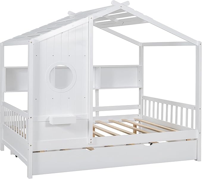 Full Size Wooden House Bed with Trundle, Modern Design Kids Bed Frame with Storage Shelf for Kids Teens Adults, Wood Slat Support, No Box Spring Needed, Easy Assembly (White)