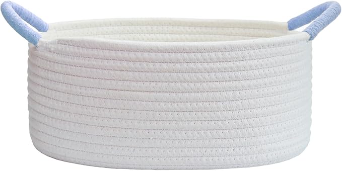Yimi's Dream Basket for Gifts, Small Cute Shelf Baskets for Babies, Wedding, Birthday, White Rope Baskets with Blue Handle for Home Decor(Oval, 12"x 8"x 5")