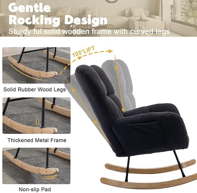 Nursery Rocking Chair Teddy Upholstered Glider Rocker Rocking Accent Chair with High Backrest Armchair Comfy Side Chair for Living Room, Bedroom, Offices (Black)