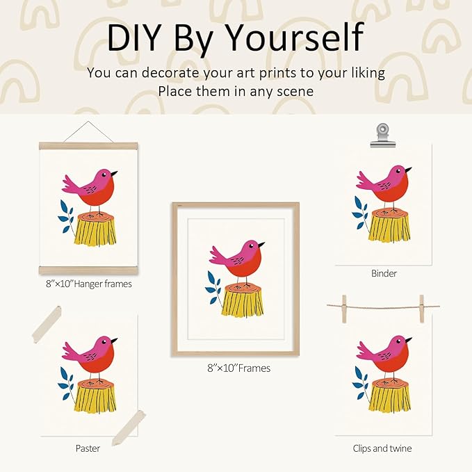 VONTP Kids Classroom Wall Art Decor, Eclectic Retro Bird Bee Cherry Cake Classroom Prints Poster Wall Decorations for Kids Nursery Toddler Girls Room Bedroom Playroom, 8x10 Inch Set of 4 (Unframed)