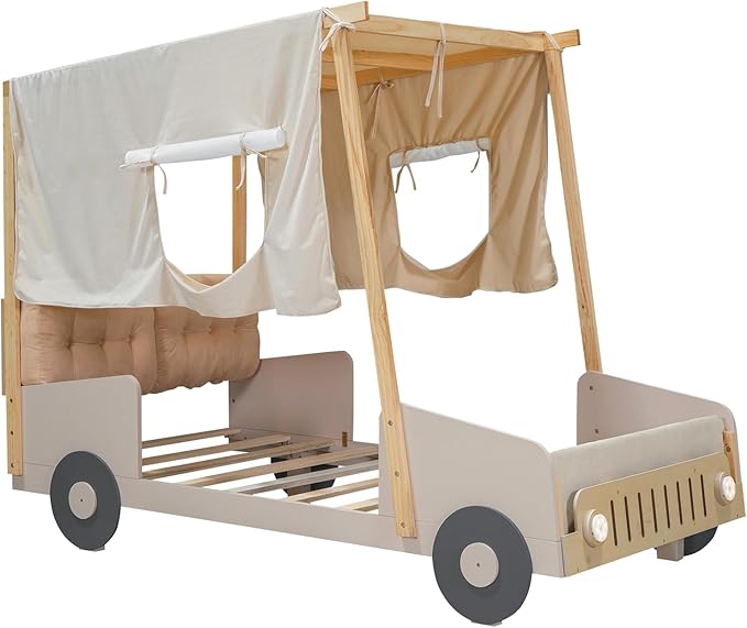 Twin Size Classic Car-Shaped Platform Bed with Wheels and Ceiling Cloth, Solid Wood Low Bed Frame with Pillow and LED Lights, Cute Floor Bed for Kids Boy Girls