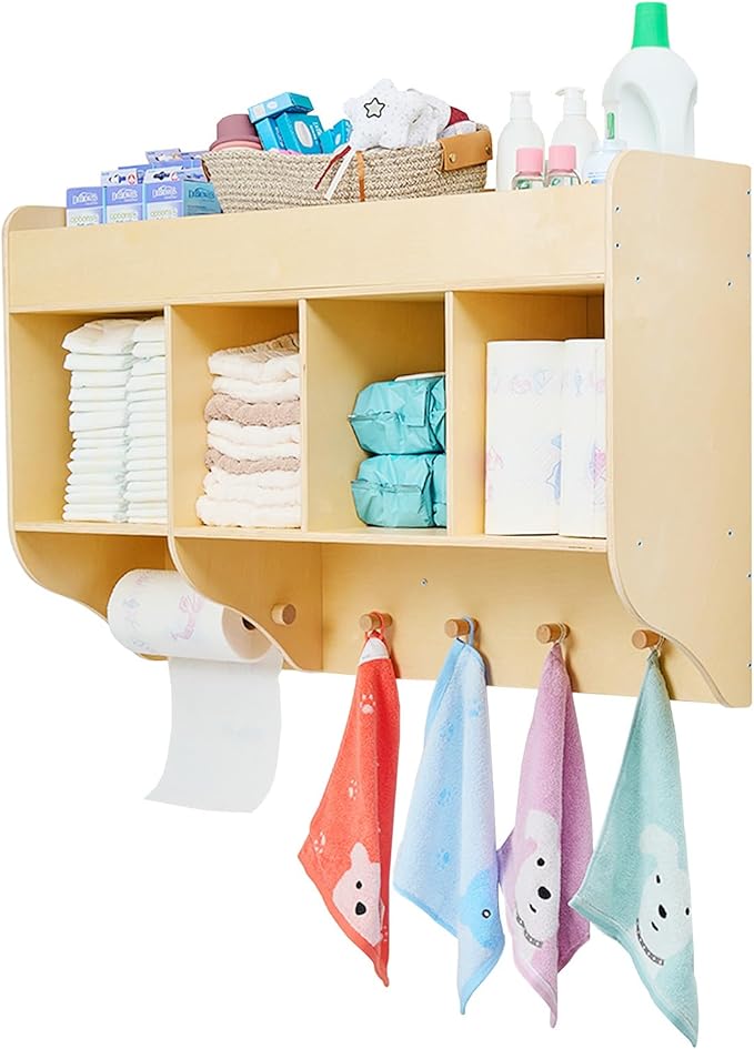 Monläurd® 100% Birch Diaper Organizer for Wall – Wooden Wall Mounted Storage Shelf for Nursery & Daycare, Baby Changing Table Organizer with Hooks & Towel Holder