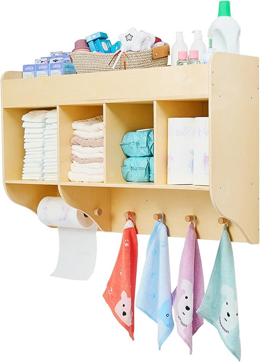 Monläurd® 100% Birch Diaper Organizer for Wall – Wooden Wall Mounted Storage Shelf for Nursery & Daycare, Baby Changing Table Organizer with Hooks & Towel Holder