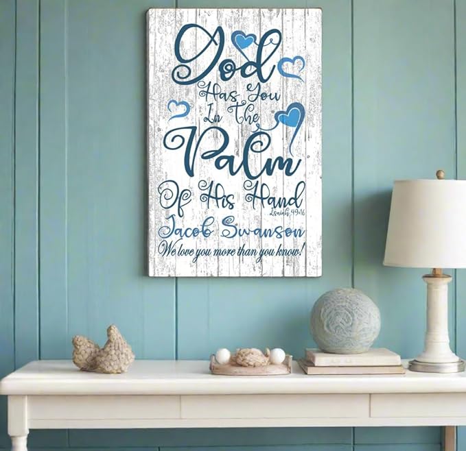 Baptism Gift God Has You In The Palm of His Hand Sign Nursery Or Child's Room Wall Decor Personalized Gift for Christian Home Art For Baby, Boy or Girl's Room From Grandparent Dad Mom GodParent