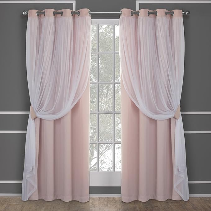 TOWN & COUNTRY LUXE Talia Double Layer Indoor Curtains, Sheer and Room Darkening Blackout, Grommet Top, Energy Efficient, 2-Pack Set, 52"x108", Rose Blush