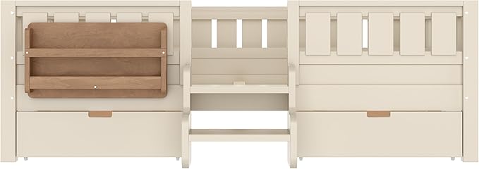 Bellemave Full Size Kids Bed with high Rails and with Built-in Bookshelf and Drawers for Kids, Girls, Boys, Wood Montessori Bed Without Door, Beige