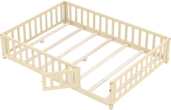 Giantex Full Floor Bed with Fence for Kids, Montessori Bed Frame with Door and Safety Guardrails, Solid Wood Floor BedsFull with Slats Support for Kids Boys Girls, Natural