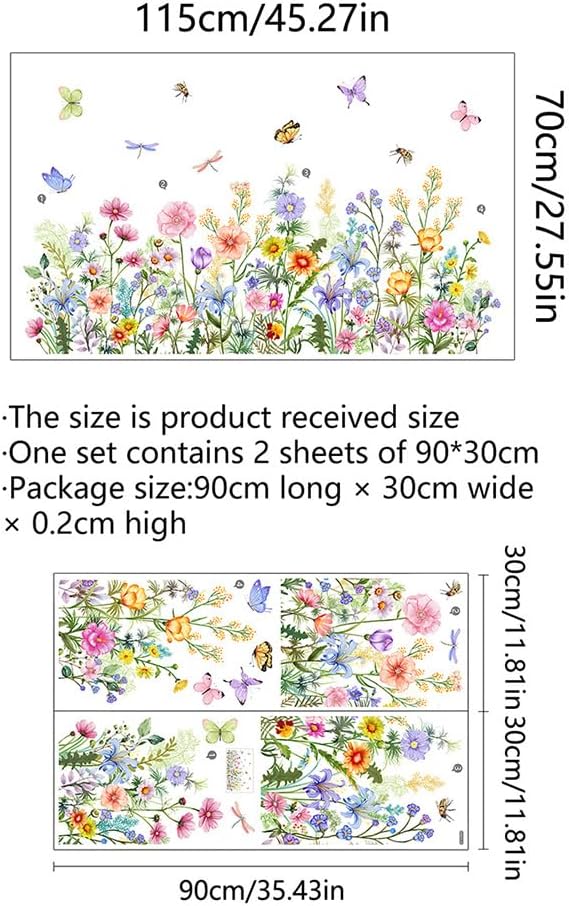 Colorful Floral Wall Decals Wildflowers Flower Wall Stickers Butterfly Green Plant Wall Mural Peel and Stick Flowers Wall Decor DIY Removable Wall Art for Girls Bedroom Nursery