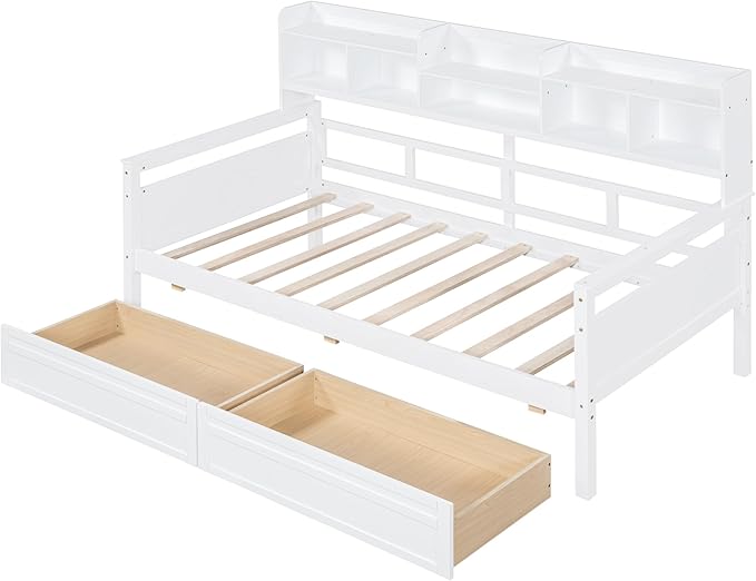 Harper & Bright Designs Twin Daybed with Storage, Wooden Twin Size Bed Frame with Bookcase Headboard and 2 Drawers, Twin Sofa Bed with Shelves for Living Room Bedroom, No Box Spring Need, White