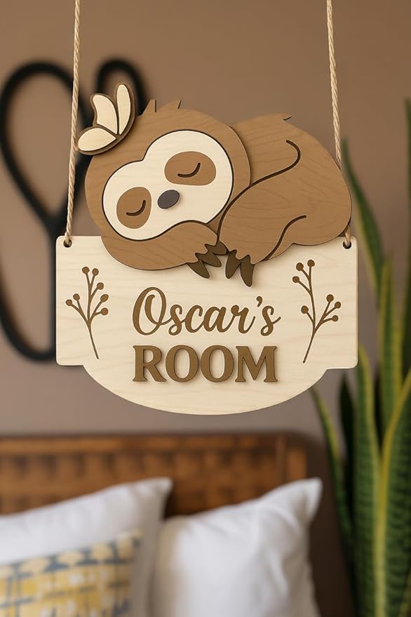 Custom Sloth Room Sign – Personalized Wooden Animal Door Name Plaque, Nursery Wall Decor, Cute Sleeping Sloth with Butterfly Wooden Name Signs for Nursery