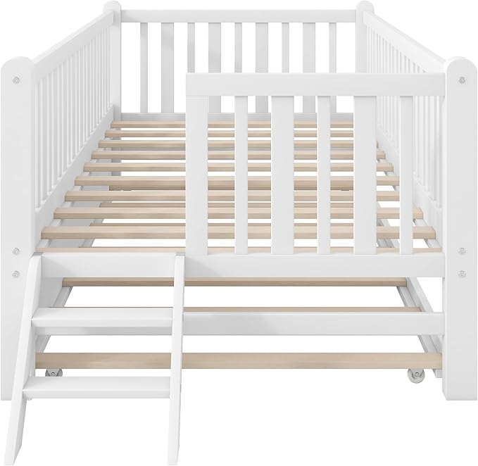 LUMISOL Twin Size Low Platform Bed Frame with Trundle, Wood Floor Bed with Ladder & Fence Guardrail for Kids Teens Girls Boys, No Box Spring Needed, White