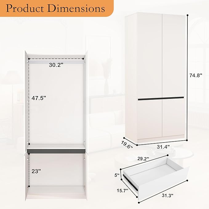 White Armoire Wardrobe Closet with 2 Doors, 75" Bedroom Wardrobe Closet for Hanging Clothes, Modern Wood Storage Closets Cabinet with System (C+B+C, 94.5")