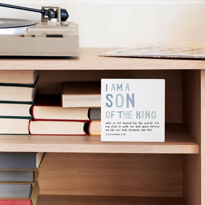 Boy Nursery Decor, I Am A Son of The King Wooden Box Block Sign, Bible Verse Sign, 2 Corinthians 6:18 Scripture Decor for Home Baby Boy Room Nursery, 5x5